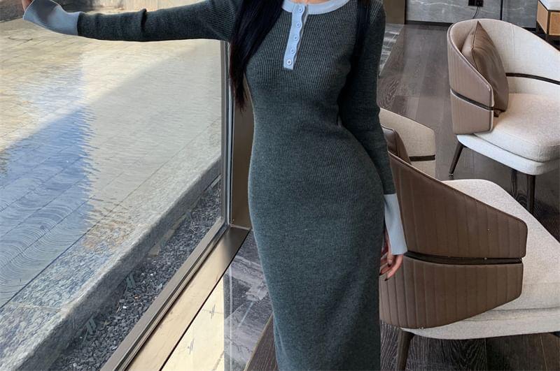 Long Sleeve Round Neck Two Tone Button Knit Maxi Sheath Dress Product Image