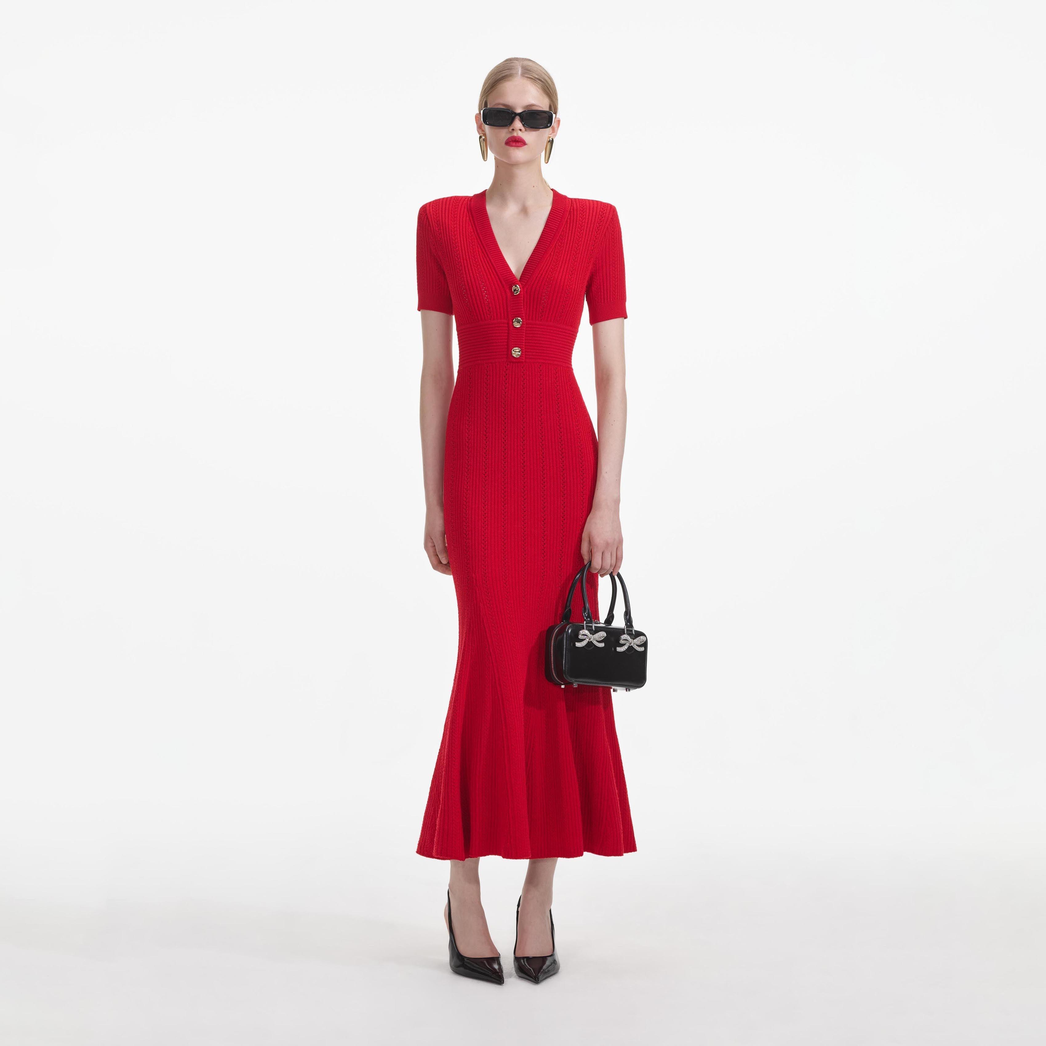 Red Pointelle Knit Midi Dress product image