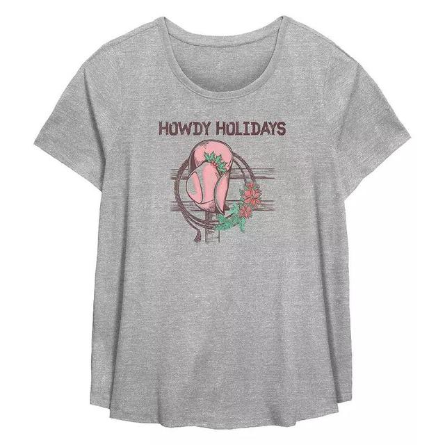 Plus Size Howdy Holidays Cowgirl Hat Flowy Graphic Tee, Womens Grey Gray Product Image