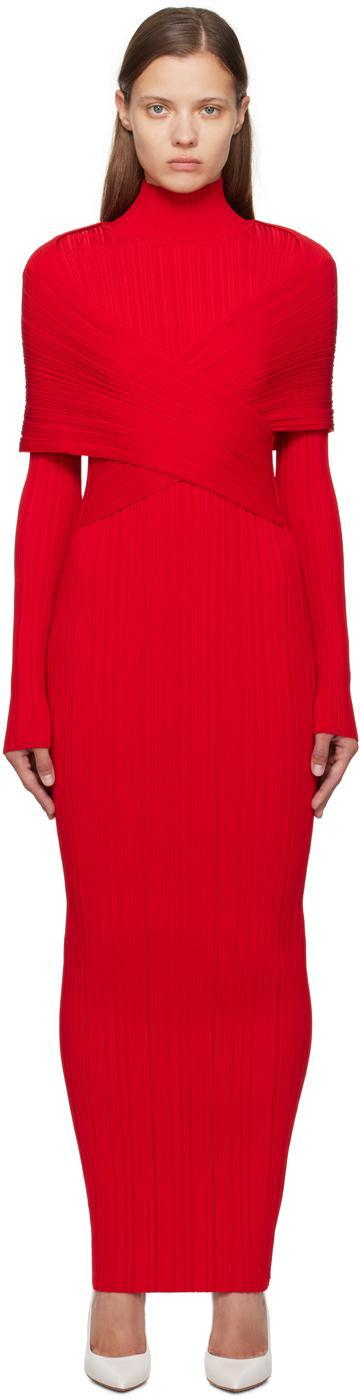 BALMAIN Red Pleated Knit Maxi Dress Product Image