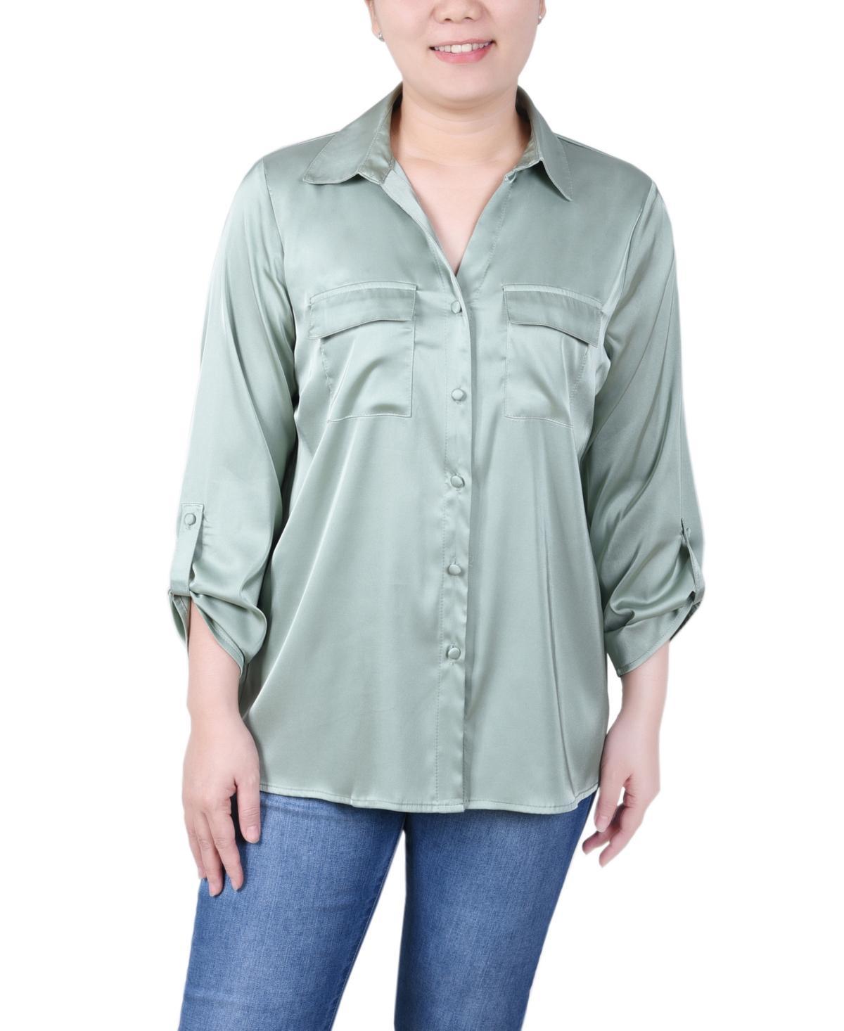 Ny Collection Petite 3/4 Sleeve Roll Tab Satin Blouse Product Image