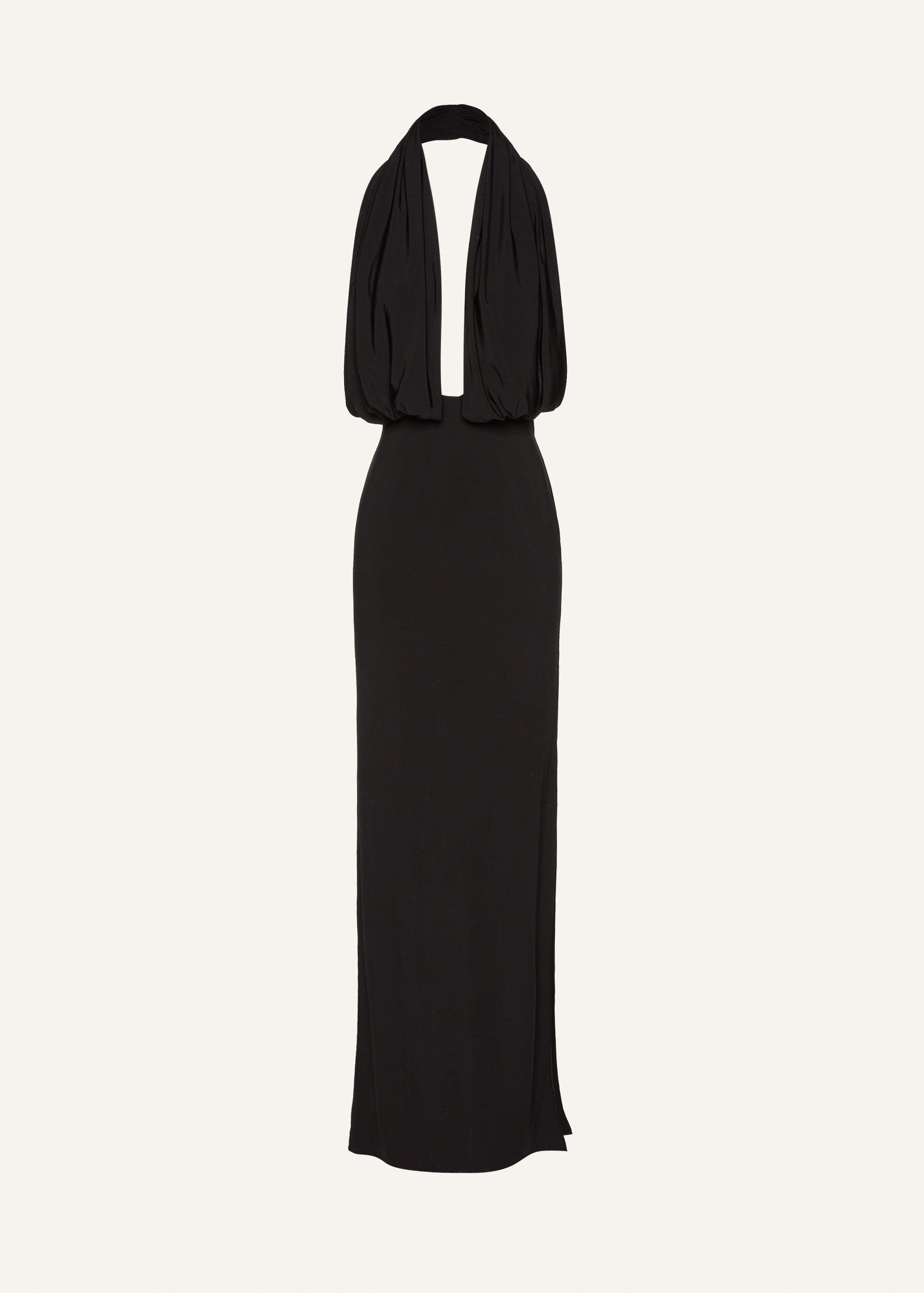 Plunge halter jersey gown in black Product Image