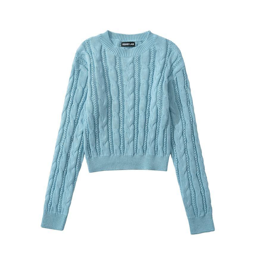 Crew Neck Plain Cable Knit Cropped Sweater Product Image