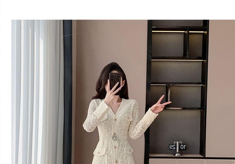 Long Sleeve V-Neck Lace Buttoned Midi A-Line Dress Product Image