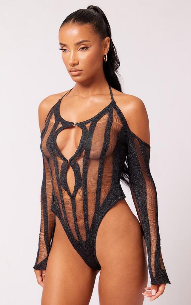 Black Laddering Knit Ring Detail Bodysuit Product Image