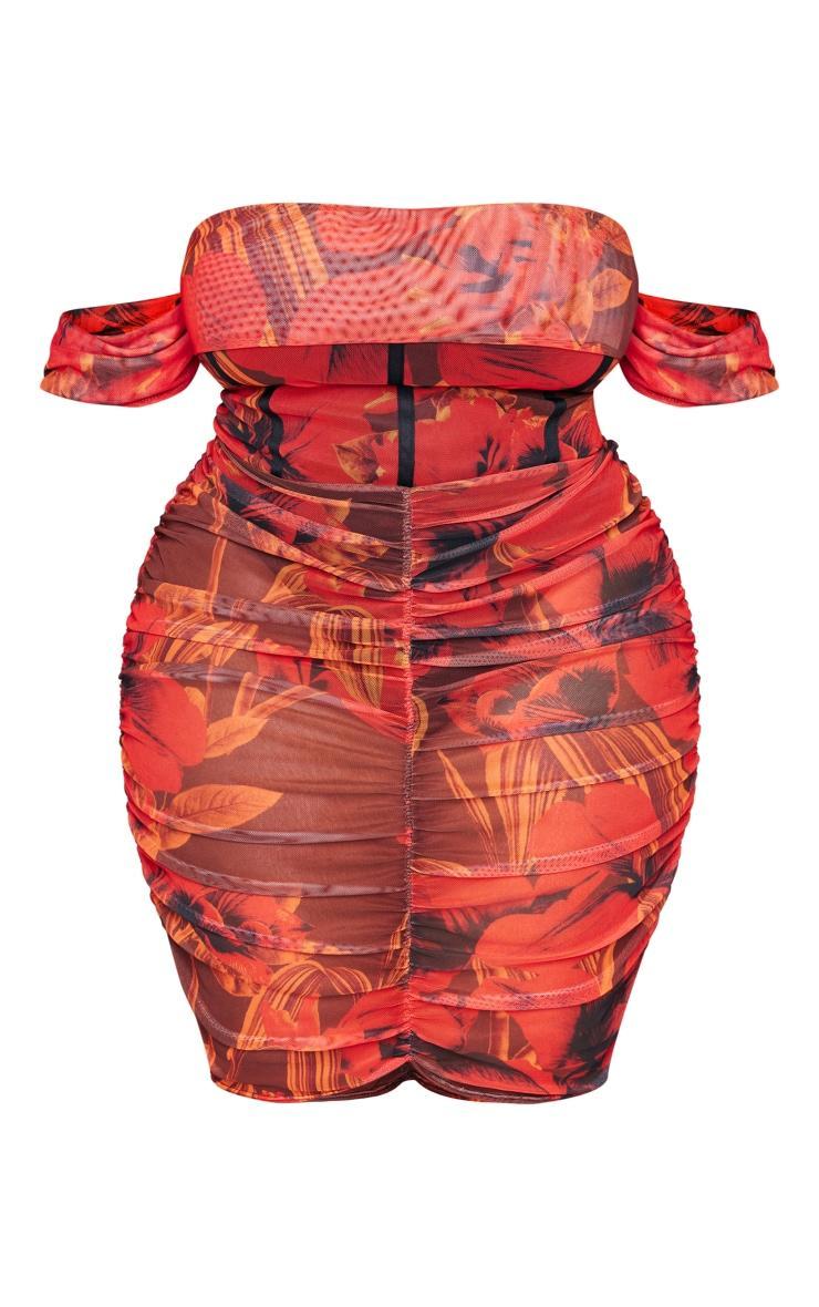 Plus Red Floral Printed Mesh Bardot Bodycon Dress Product Image