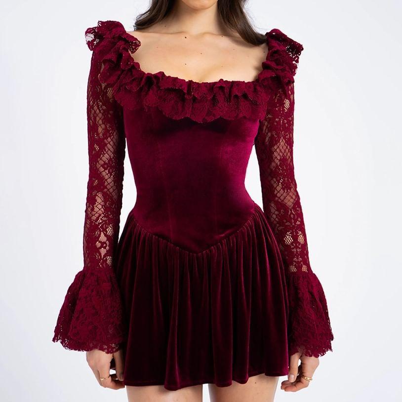 Flare-Sleeve Square Neck Lace Mini A-Line Dress Product Image