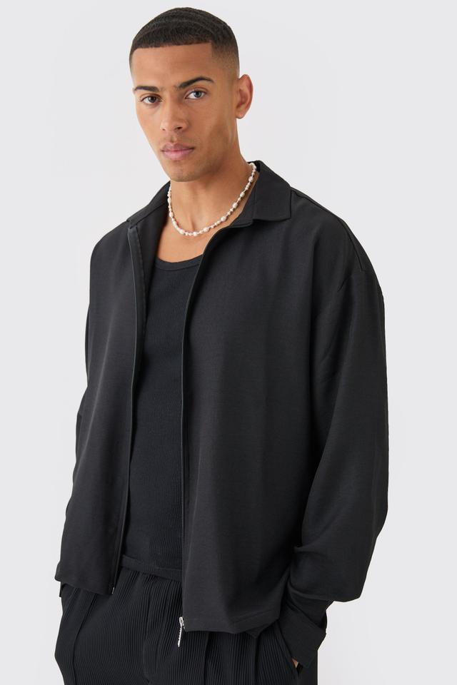 Mens Black Linen Zip Through Overshirt, Black Product Image