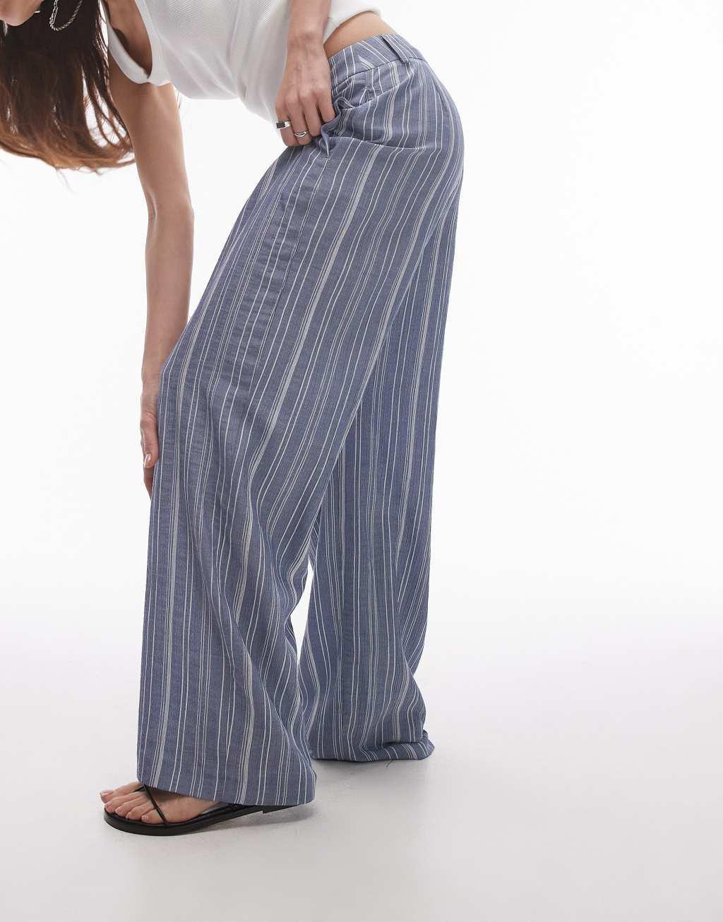 Topshop low slung tailored striped pants in blue Product Image