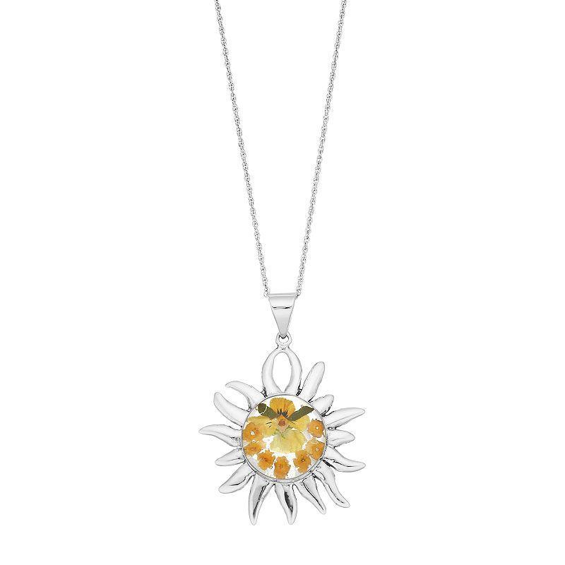 Sterling Silver Pressed Flower Sun Pendant Necklace, Womens Product Image