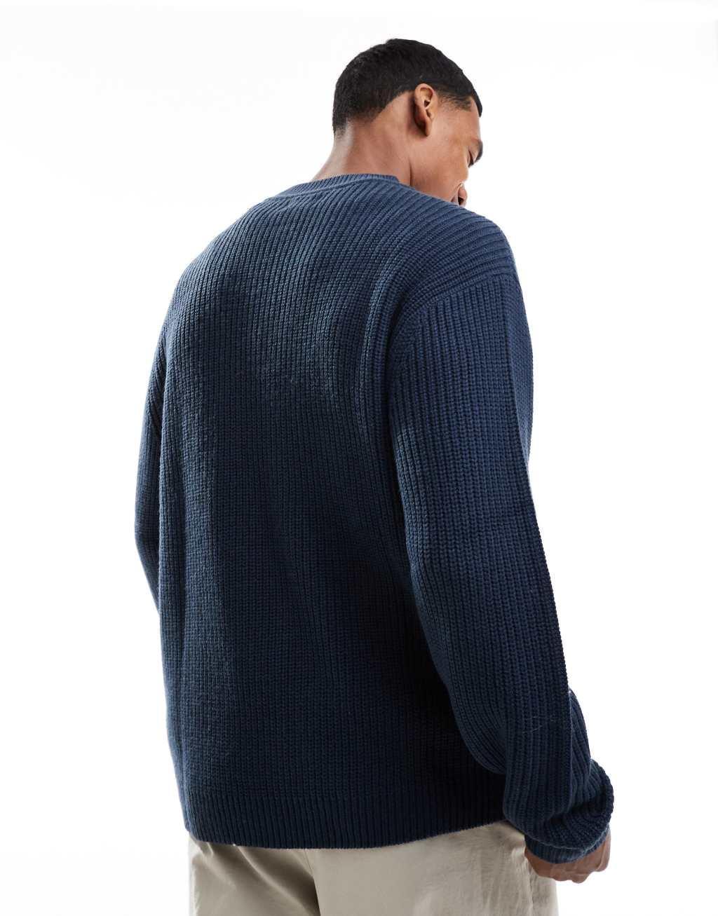 ASOS DESIGN oversized knit fisherman ribbed V-neck sweater in navy Product Image