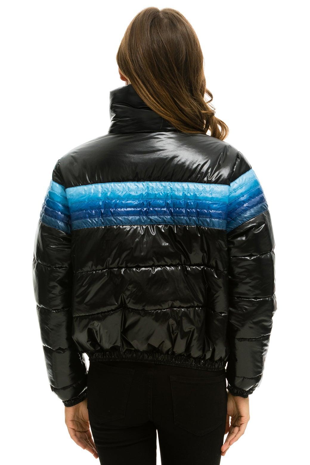 5 STRIPE LUXE APRES PUFFER JACKET - GLOSSY BLACK // BLUE STRIPES Female Product Image