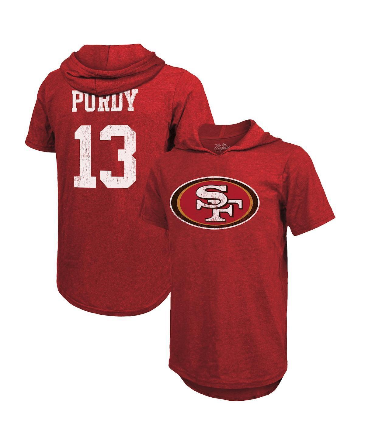 Mens Majestic Threads Brock Purdy Scarlet San Francisco 49ers Player Name and Number Tri-Blend Short Sleeve Hoodie T-shirt Product Image