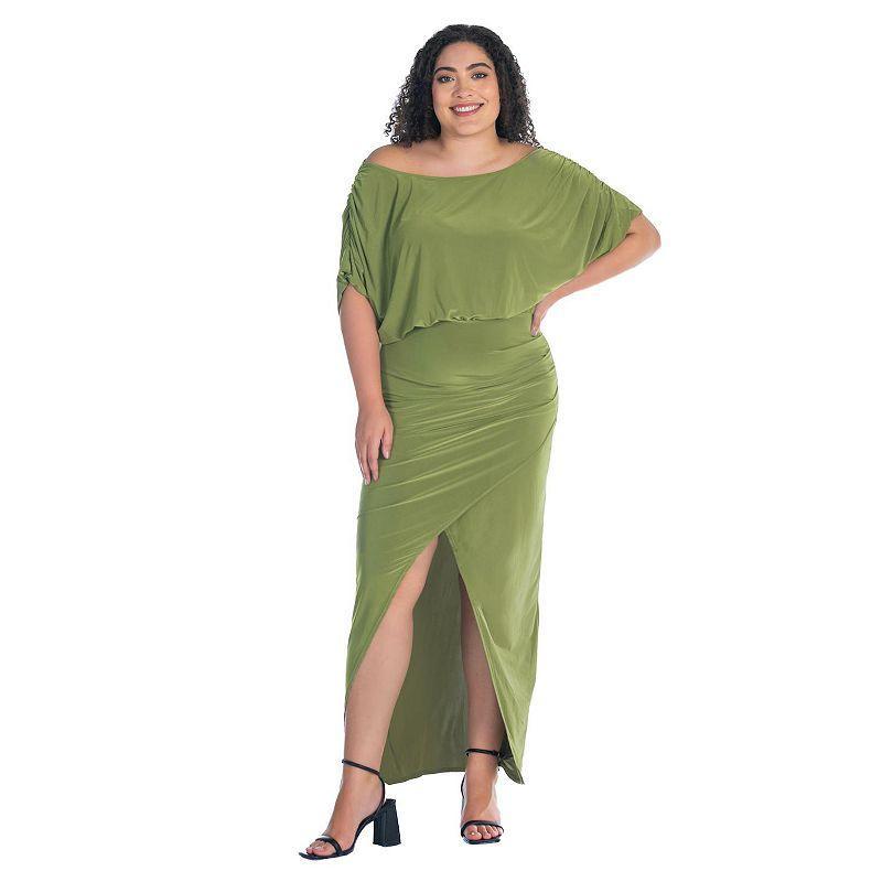 Plus Size 24Seven Comfort Apparel Boat Neck Batwing Sleeve Slit Maxi Dress, Womens Red Product Image