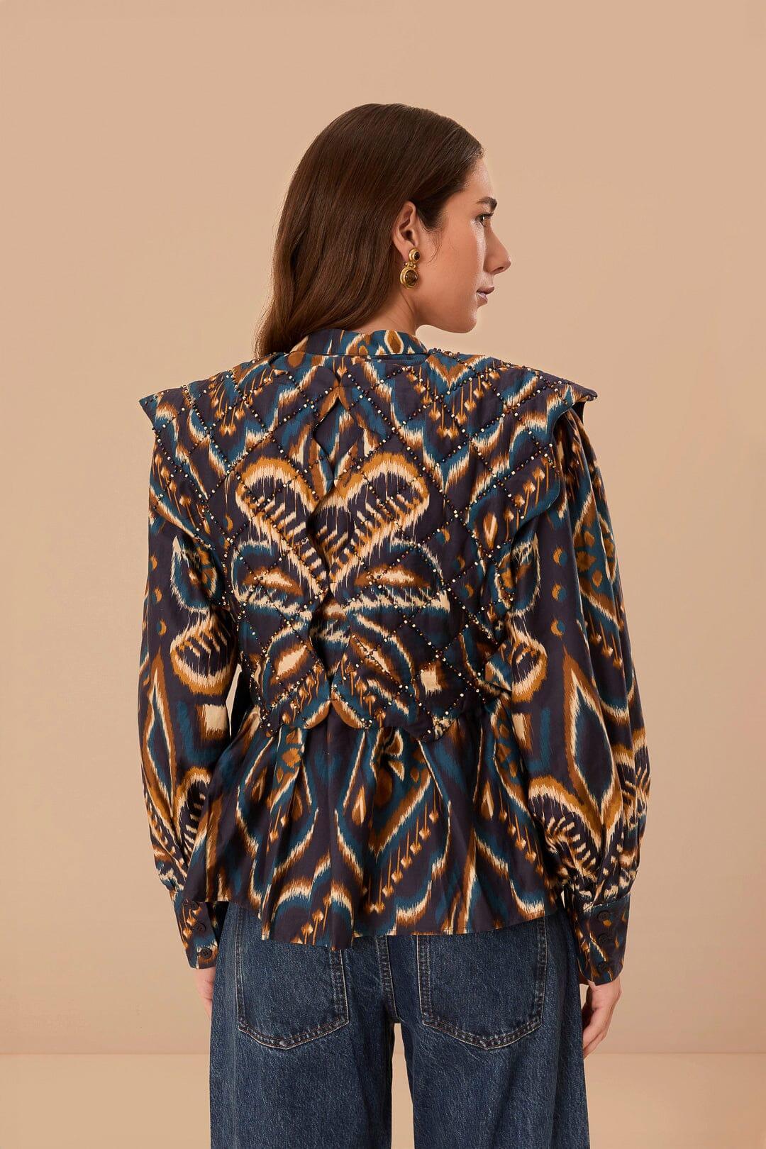 Blue Pineapple Ikat Long Sleeve Matelasse Blouse, PINEAPPLE IKAT BLUE / L Product Image