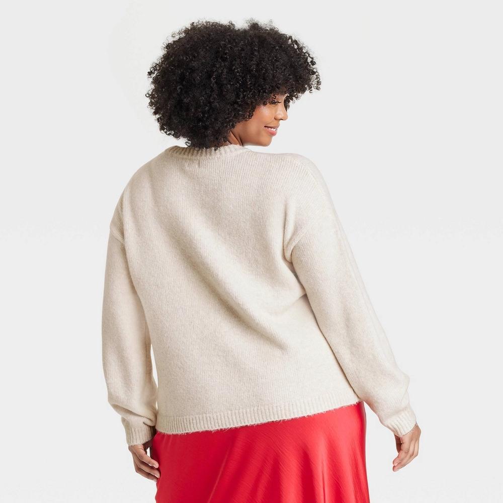 Women's Holiday Crewneck Pullover Sweater - A New Day™ Oatmeal Bow 3X Product Image