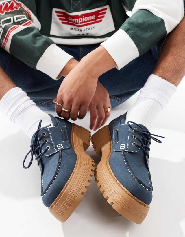 ASOS DESIGN lace up boat shoes in navy with gum sole Product Image