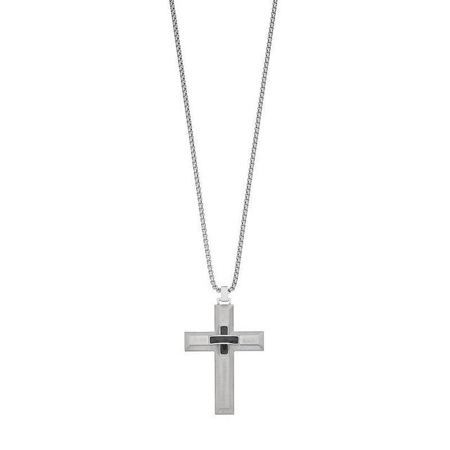 LYNX Mens Stainless Steel & Carbon Fiber Cross Pendant Necklace Grey Product Image