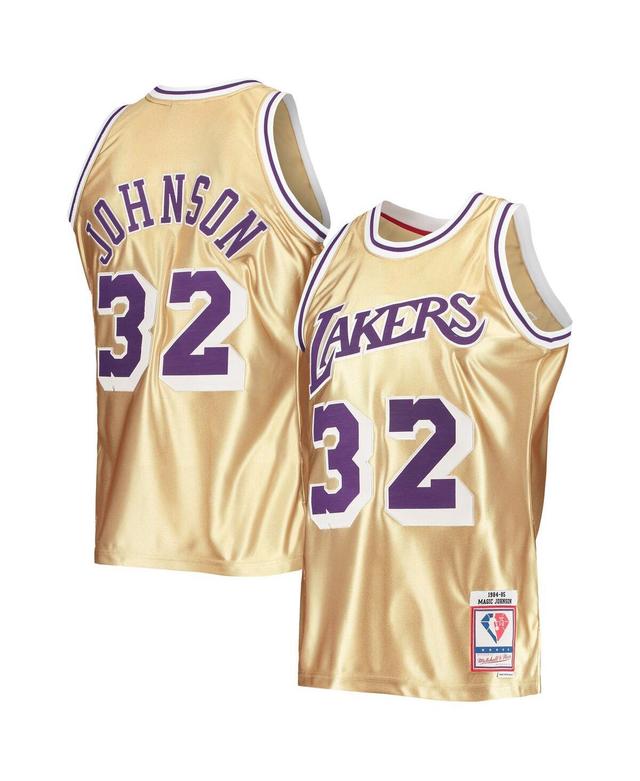 Mens Mitchell & Ness Magic Johnson Gold Los Angeles Lakers 75th Anniversary 1984-85 Hardwood Classics Swingman Jersey - Gold Product Image