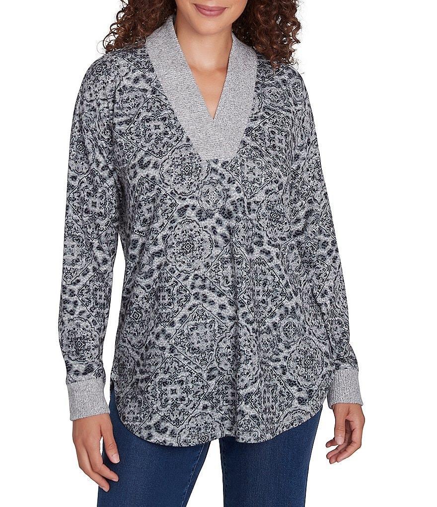 Ruby Rd. Knit Leopard Contrast Trim V-Neck Long Sleeve Top Product Image