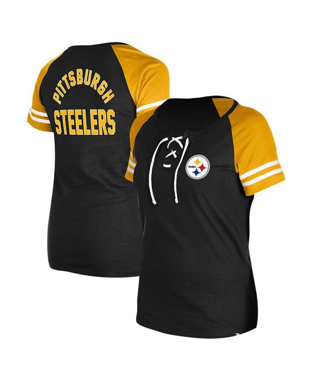 New Era Womens Black Pittsburgh Steelers Lace-Up Raglan T-Shirt Product Image