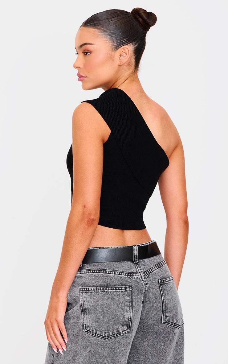 Black Soft Rib Knit One Shoulder Fold Over Crop Top Product Image