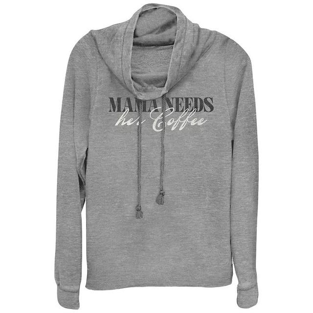 Womens Mama Needs Her Coffee Script Cowlneck Graphic Lightweight Long Sleeve, Girls Gray Grey Product Image