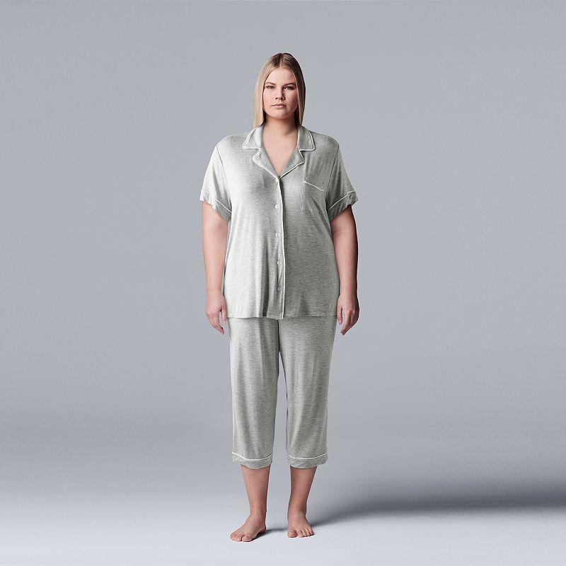 Plus Size Simply Vera Vera Wang Basic Luxury Pajama Shirt & Pajama Capris Set, Womens Light Grey Gray Product Image