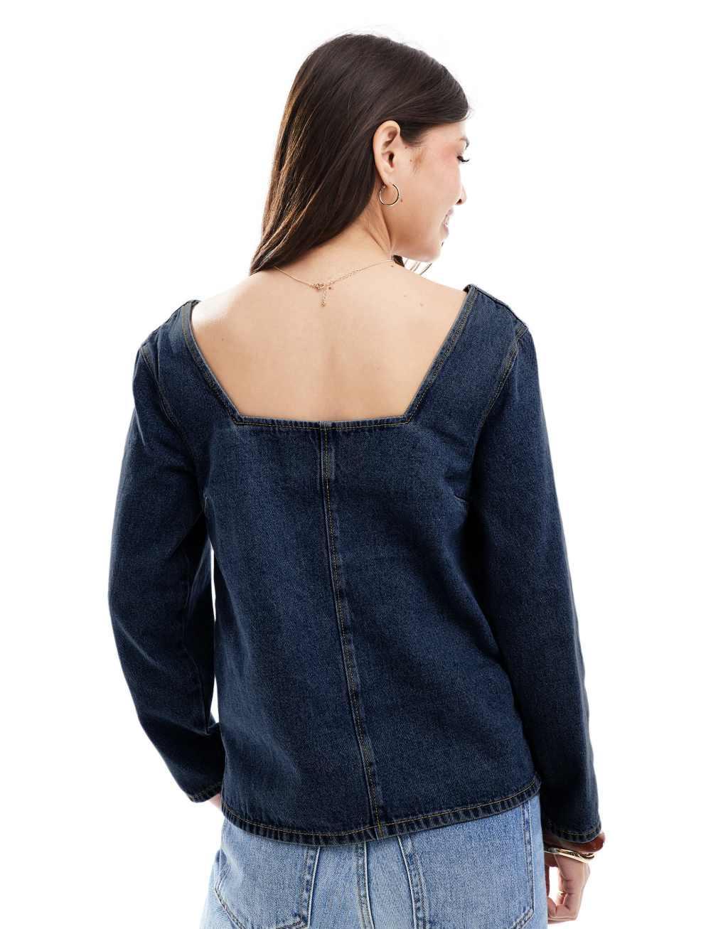 ASOS DESIGN denim seamed long sleeve top in dark indigo Product Image