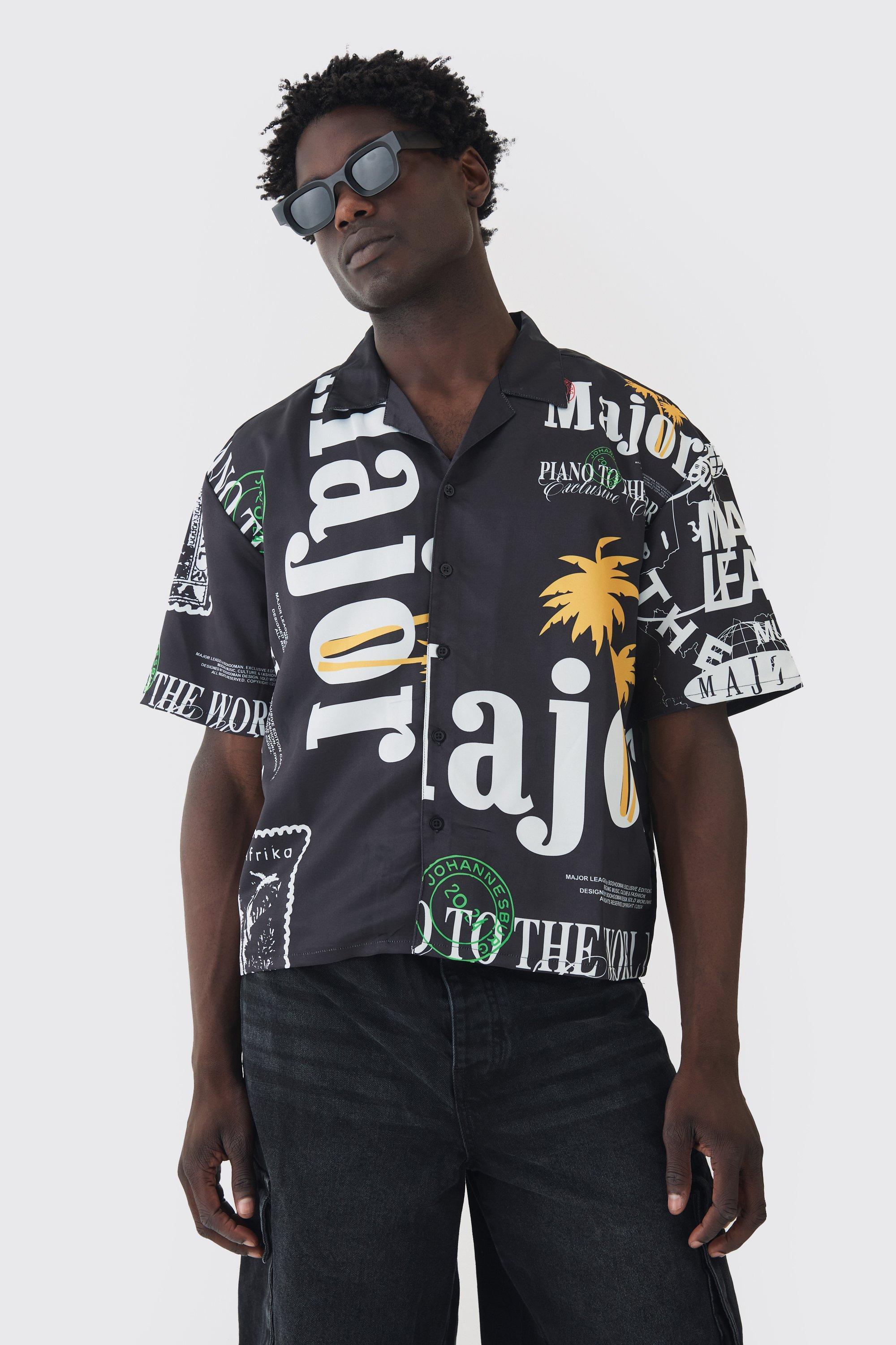 Oversized Boxy Major Print Satin Shirt | boohooMAN USA Product Image