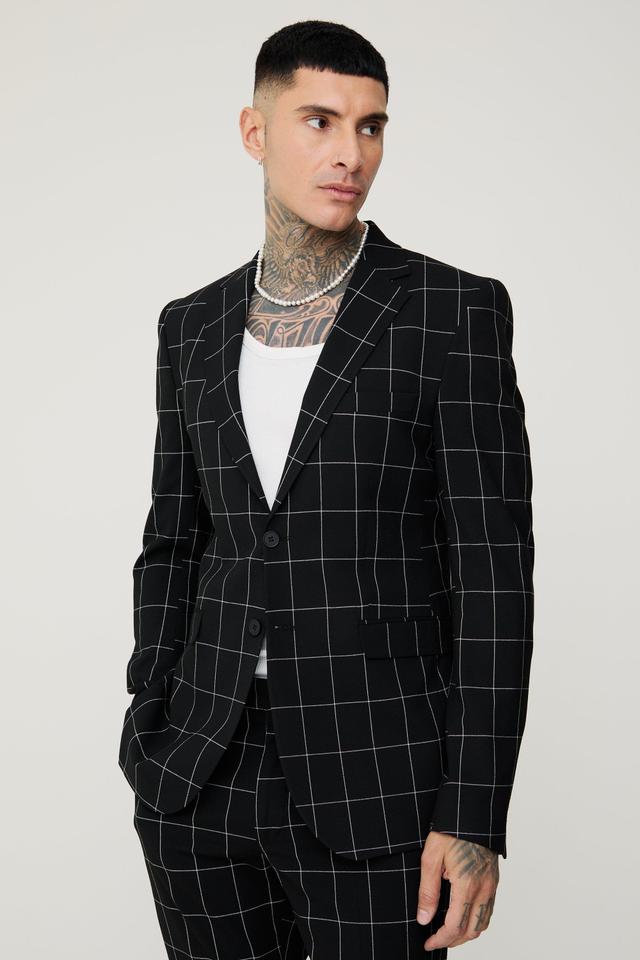 Mens Black Tall Window Pane Check Skinny Fit Blazer, Black Product Image