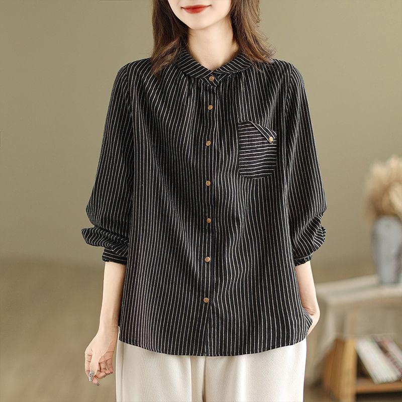 Long-Sleeve Collared Striped Blouse Product Image