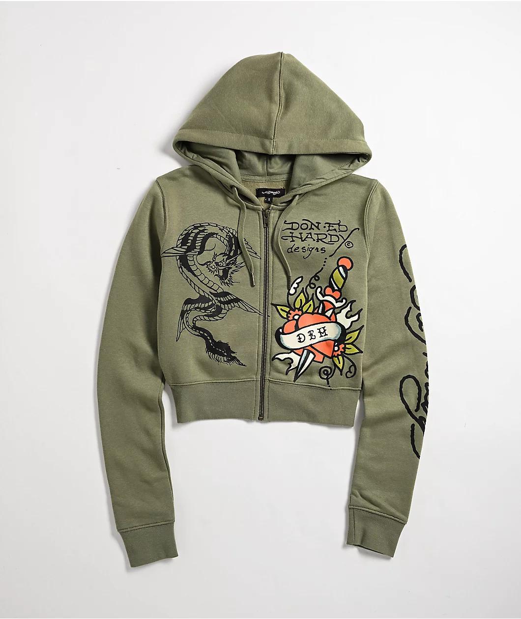 Ed Hardy Dragon Dagger Olive Crop Zip Hoodie Product Image