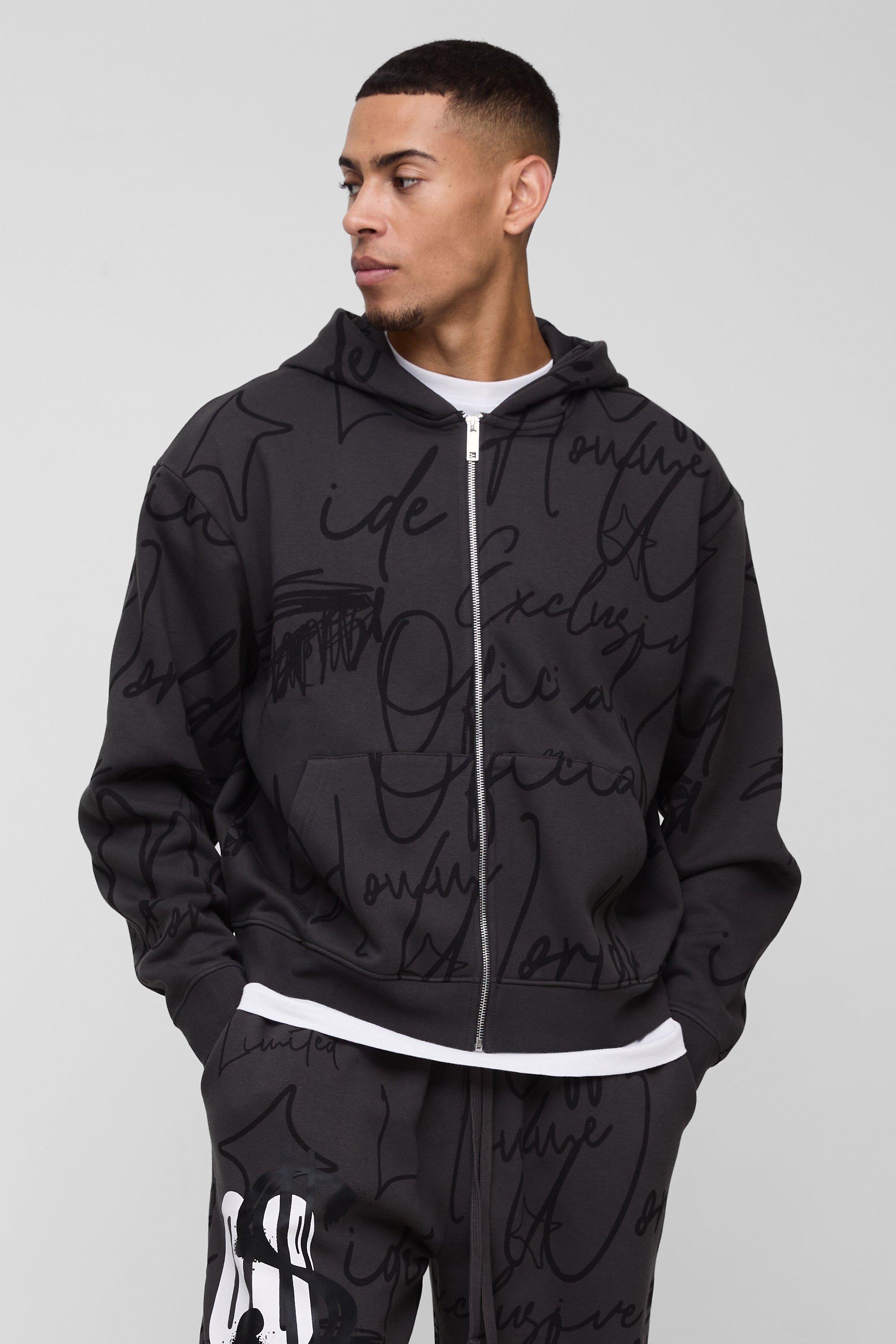 Oversized Boxy All Over Graffiti Zip Through Hoodie | boohooMAN USA Product Image