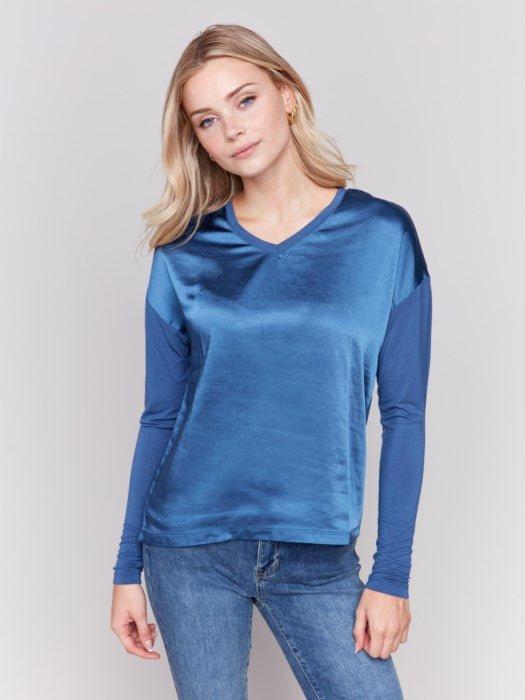 Satin / Jersey Knit Top V-neck Front and Back by Charlie B - Denim Product Image