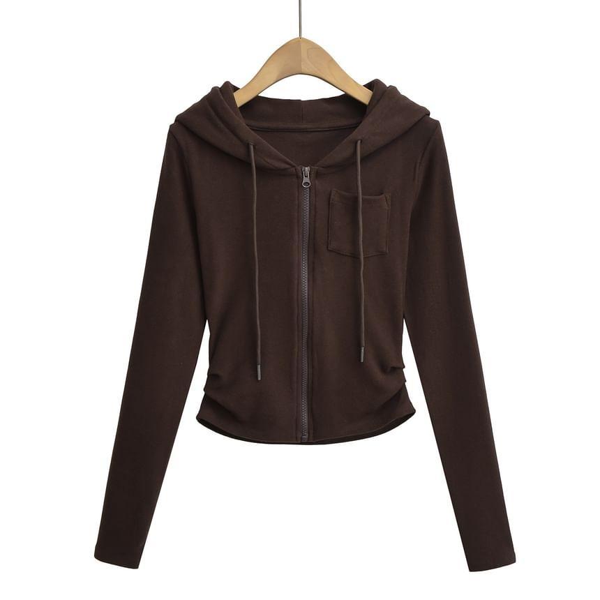 Plain Ruched Zip-Up Crop Hoodie Product Image