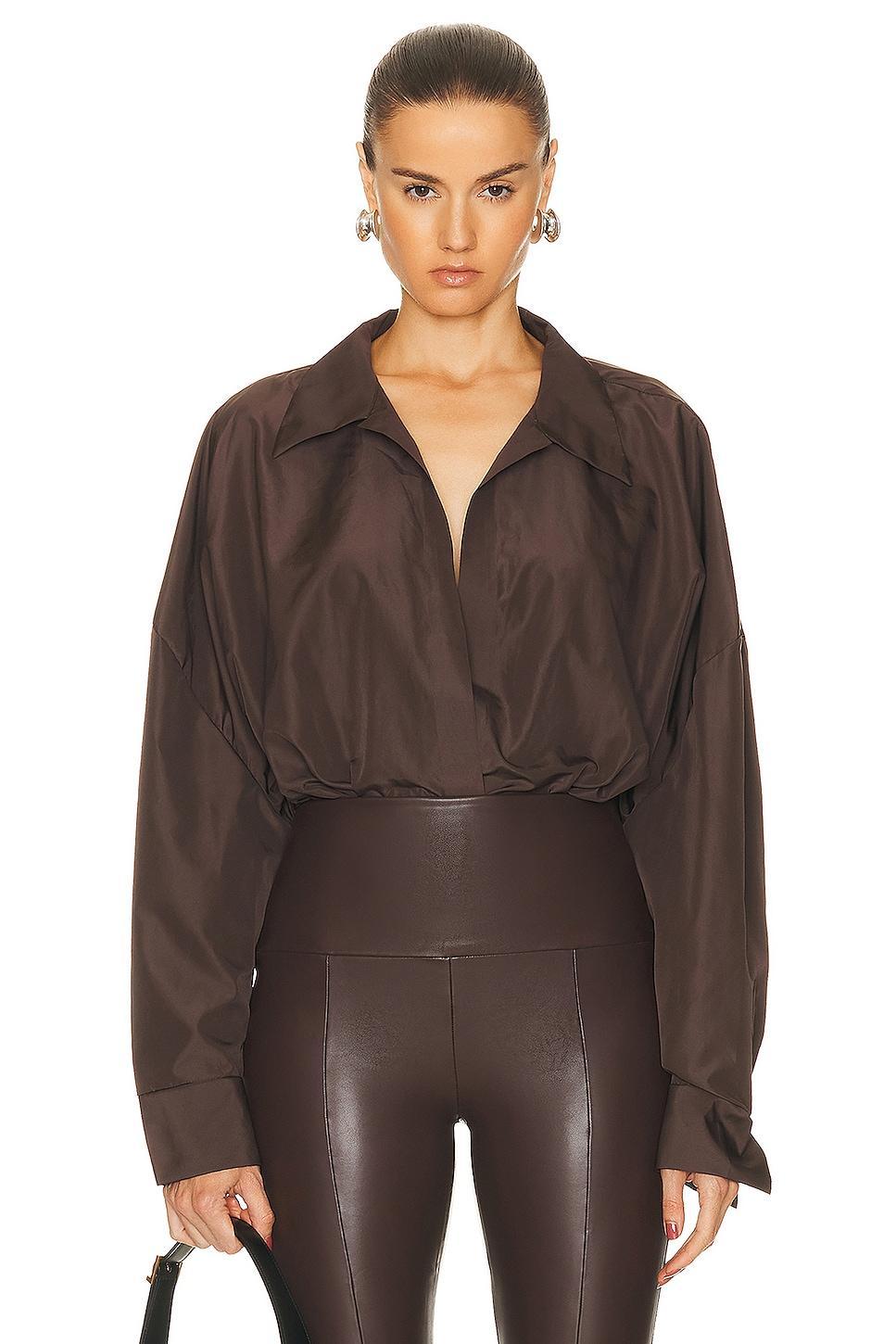 Norma Kamali Super Oversized Boyfriend Shirt Bodysuit Chocolate. (also in L, S, XS). Product Image