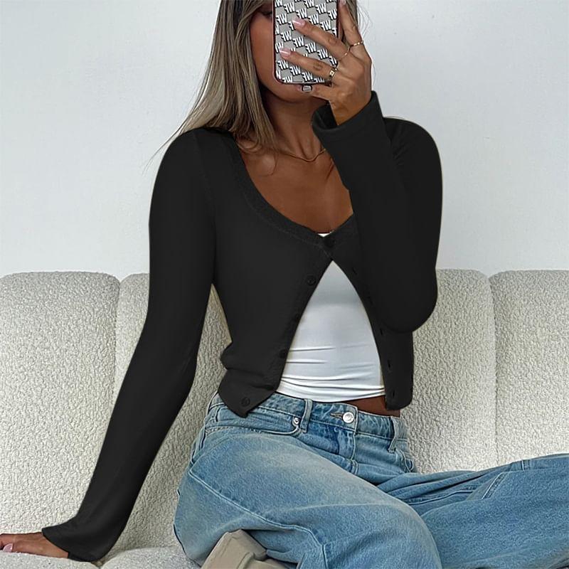 Long Sleeve Plain Slim-Fit Crop Light Cardigan Product Image