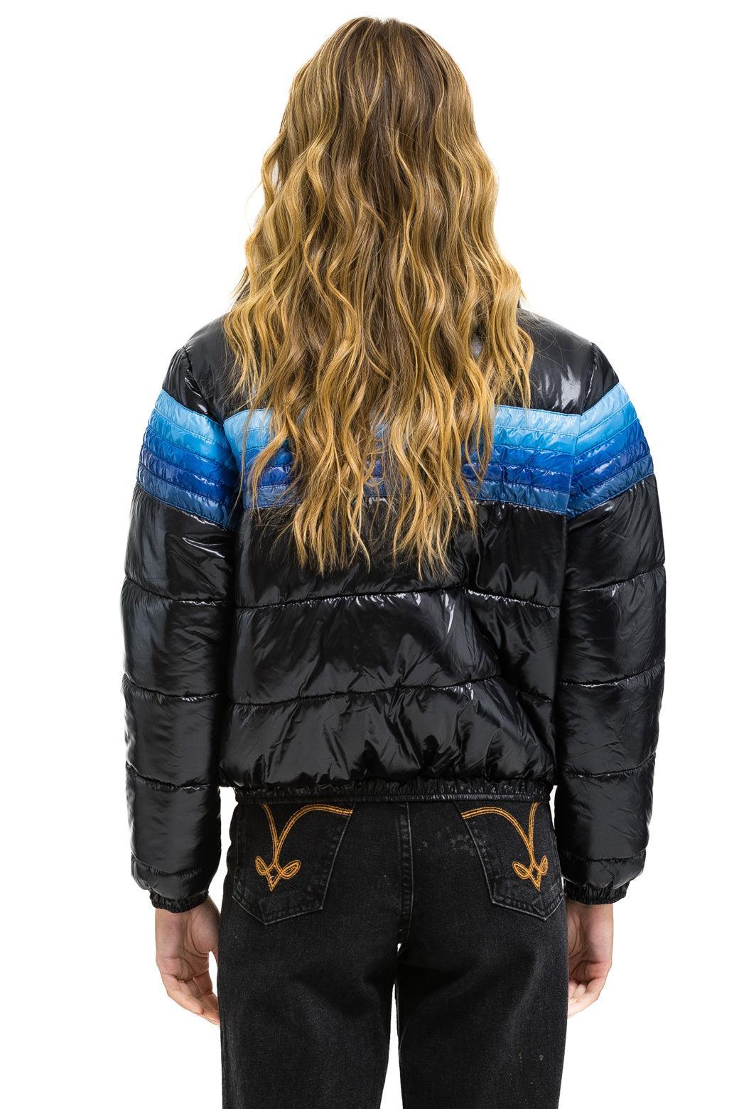 5 STRIPE LUXE APRES PUFFER JACKET - GLOSSY BLACK // BLUE STRIPES Female Product Image