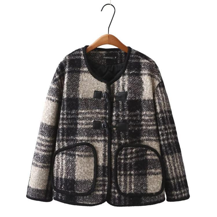 Plus Size Plaid Padded Toggle Jacket Product Image