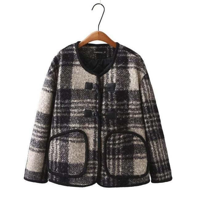 Plus Size Plaid Padded Toggle Jacket Product Image