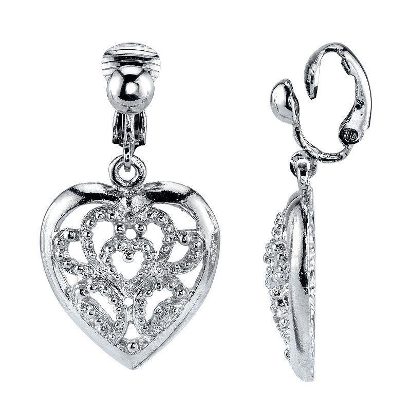 1928 Filigree Heart Clip-On Drop Earrings, Womens, White Product Image