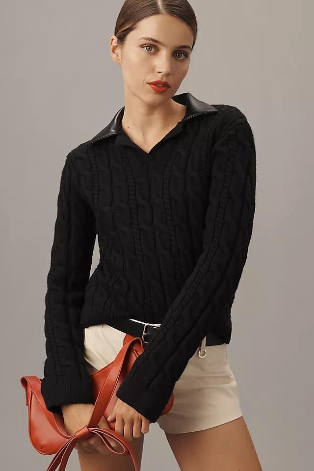 Endless Rose Faux-Leather Collared Cable Sweater Product Image