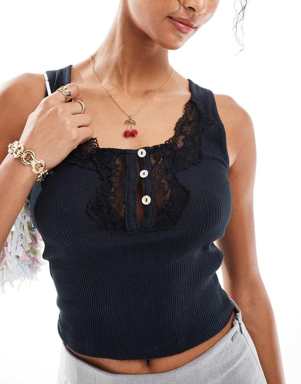 Miss Selfridge sleeveless top with lace and button detail in black Product Image