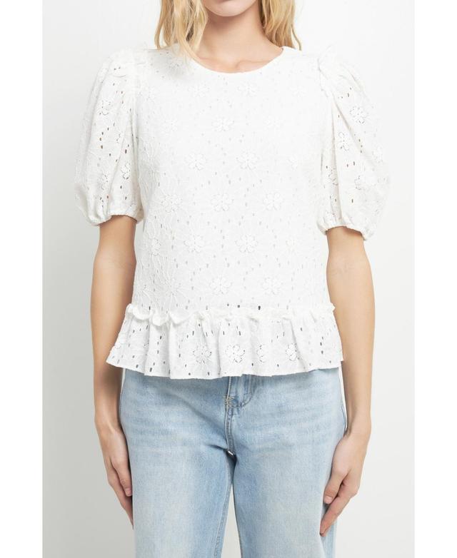 English Factory Womens Lace Puff Sleeve Top With Shoulder Ruffle Details Product Image