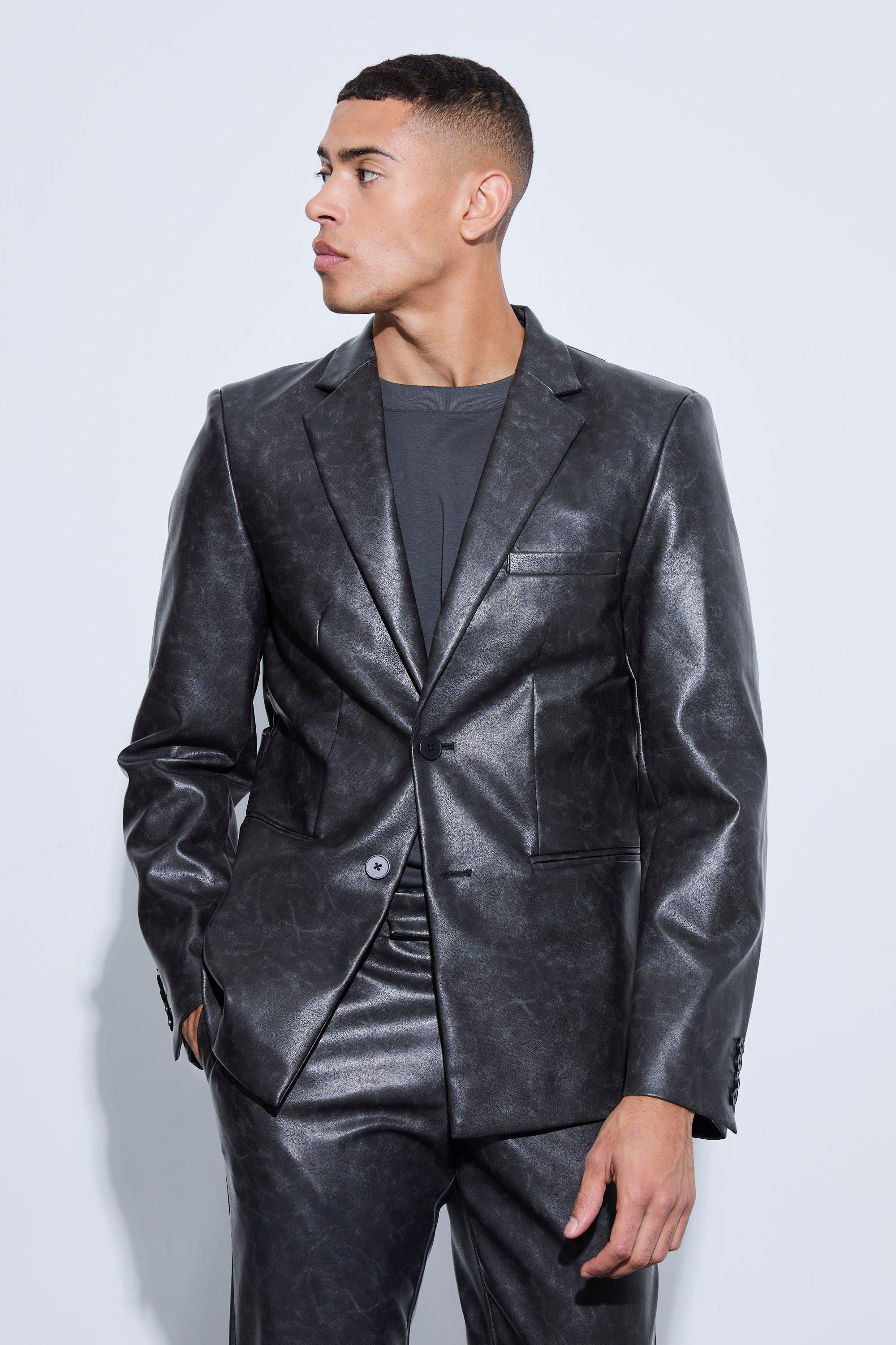 Mens Black Single Breasted Cut Out Pu Blazer, Black Product Image