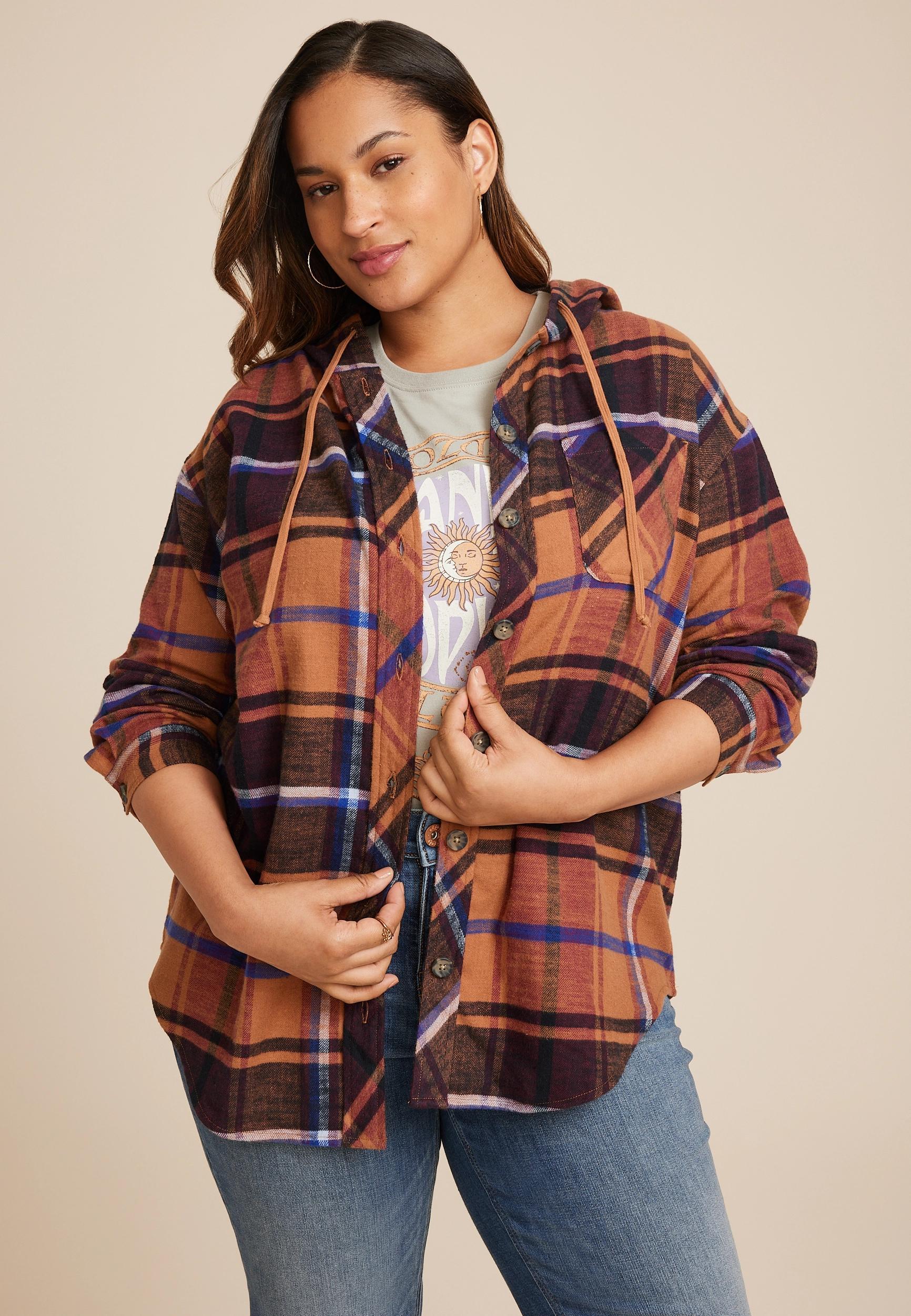 Maurices Plus Size Womens Cabin Plaid Boyfriend Hooded Button Down Shirt Brown Size 1X Product Image