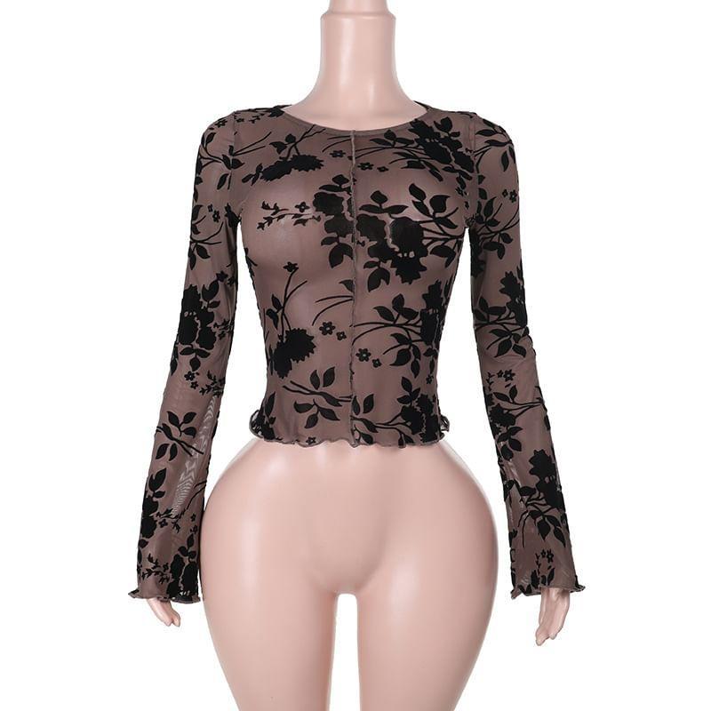 Long Sleeve Boat Neck Floral Patterned Mesh Top Product Image