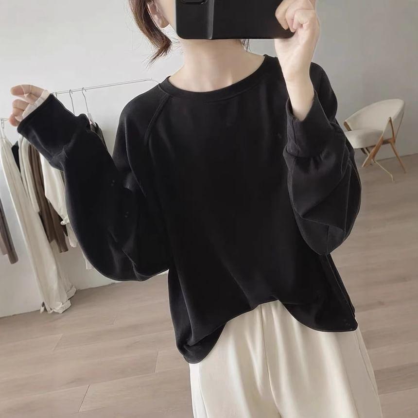 Long Sleeve Round Neck Plain Loose Sweatshirt Product Image