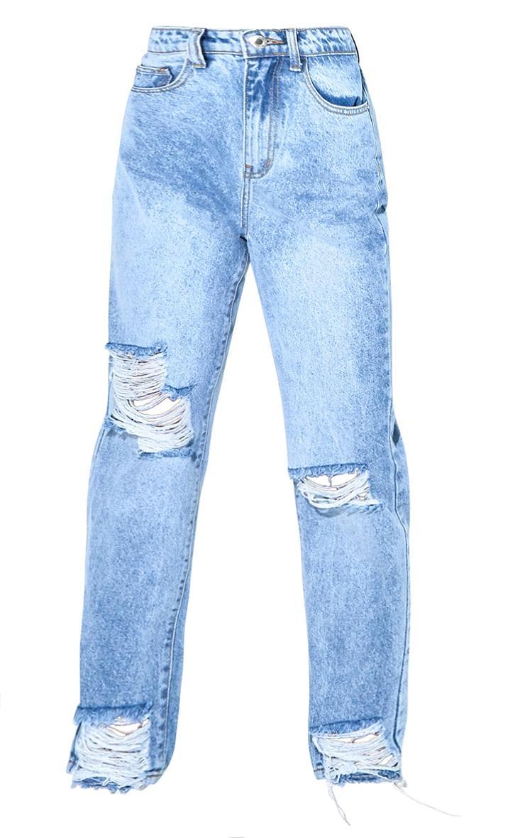 PRETTYLITTLETHING Vintage Wash Extreme Ripped Hem Knee Rip Mom Jeans Product Image